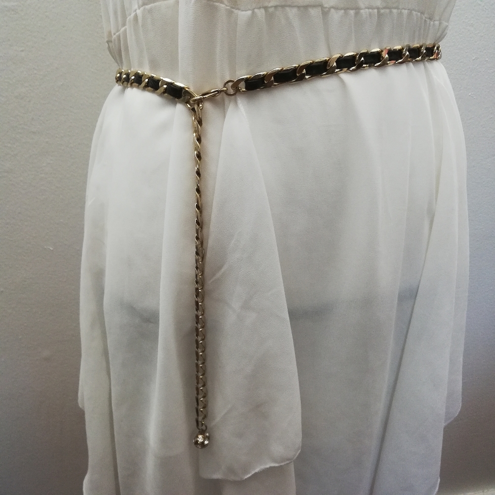 Faux Leather Trim Gold Tone Chain Belt 40" Long